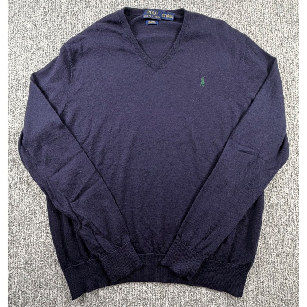 Polo Ralph Lauren Sweater Mens XXL Navy Blue Merino Wool V-Neck Custom Fit